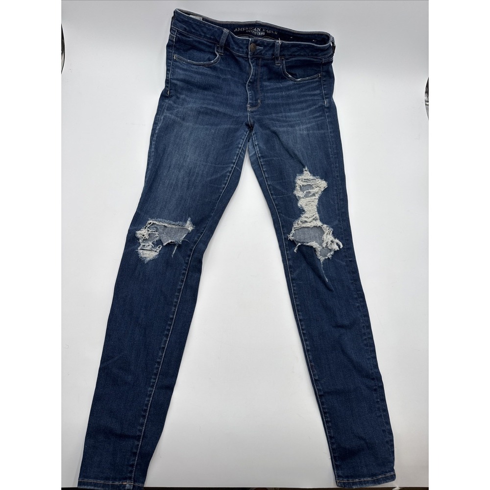 American Eagle Jeans Women's Size 12 X-long Mid Blue Denim High Rise Distressed